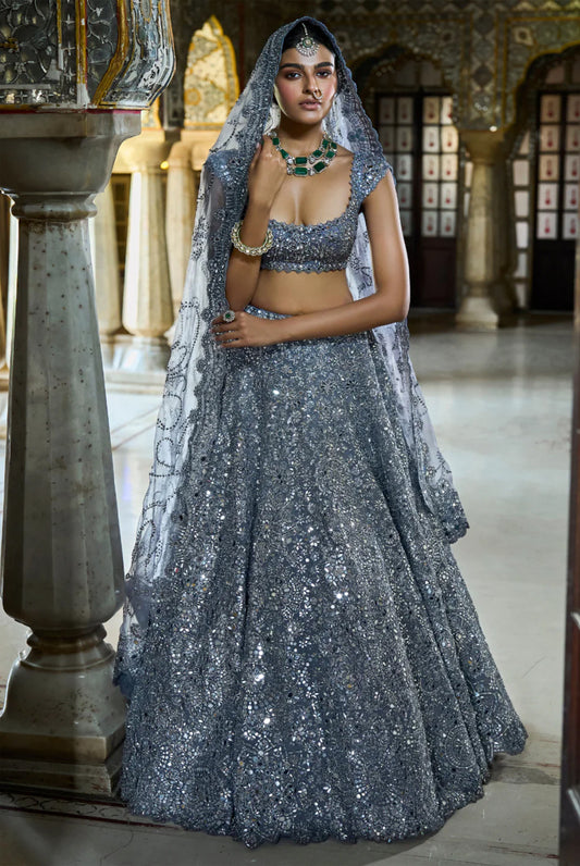 Steel Grey Mirror Work Lehenga Set