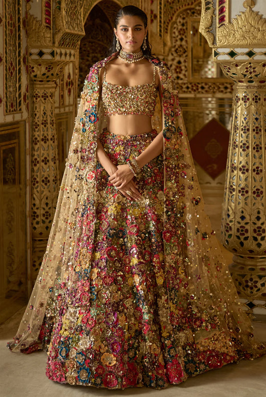 Multi-Coloured Three-Dimensional Floral Lehenga Set