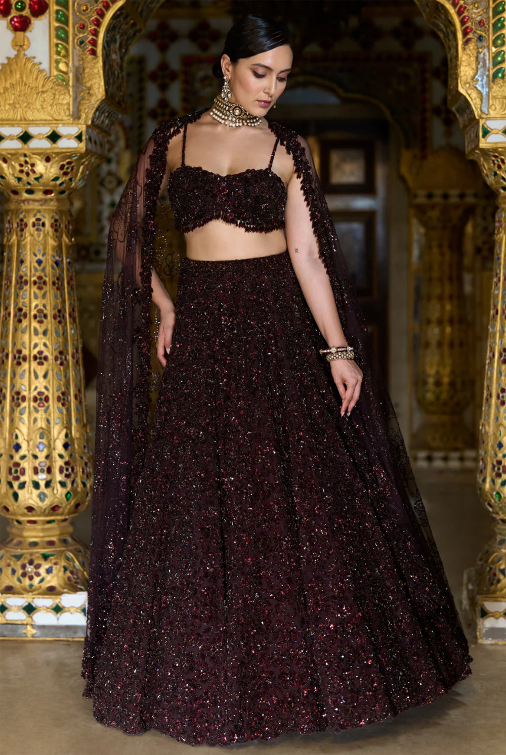 Wine Sequin Lehenga Set