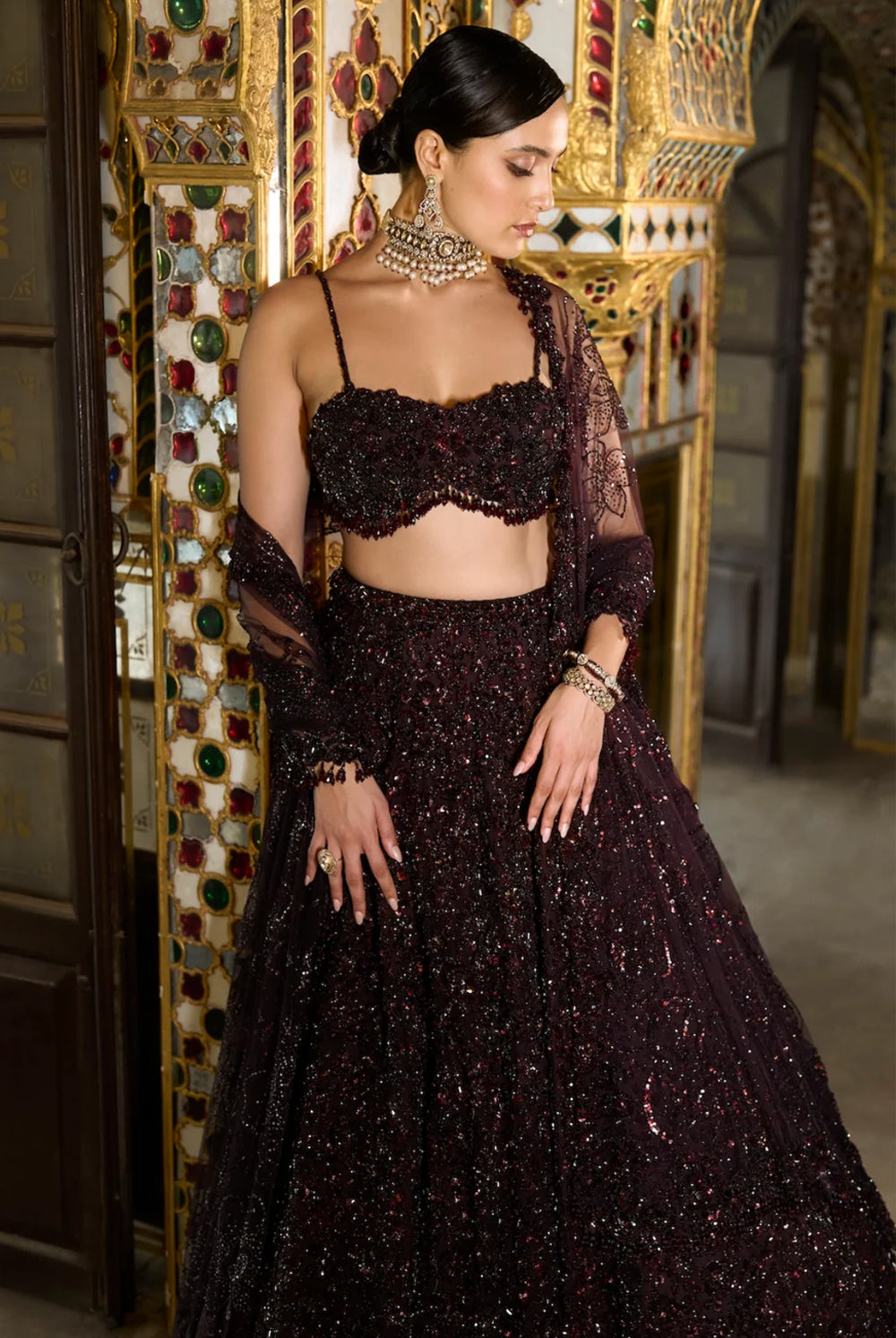 Wine Sequin Lehenga Set