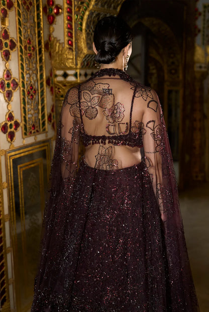 Wine Sequin Lehenga Set