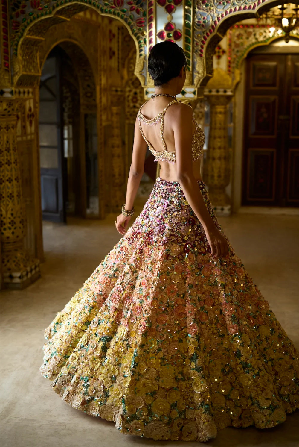 Ombre Multi-Coloured Three-Dimensional Floral Lehenga Set