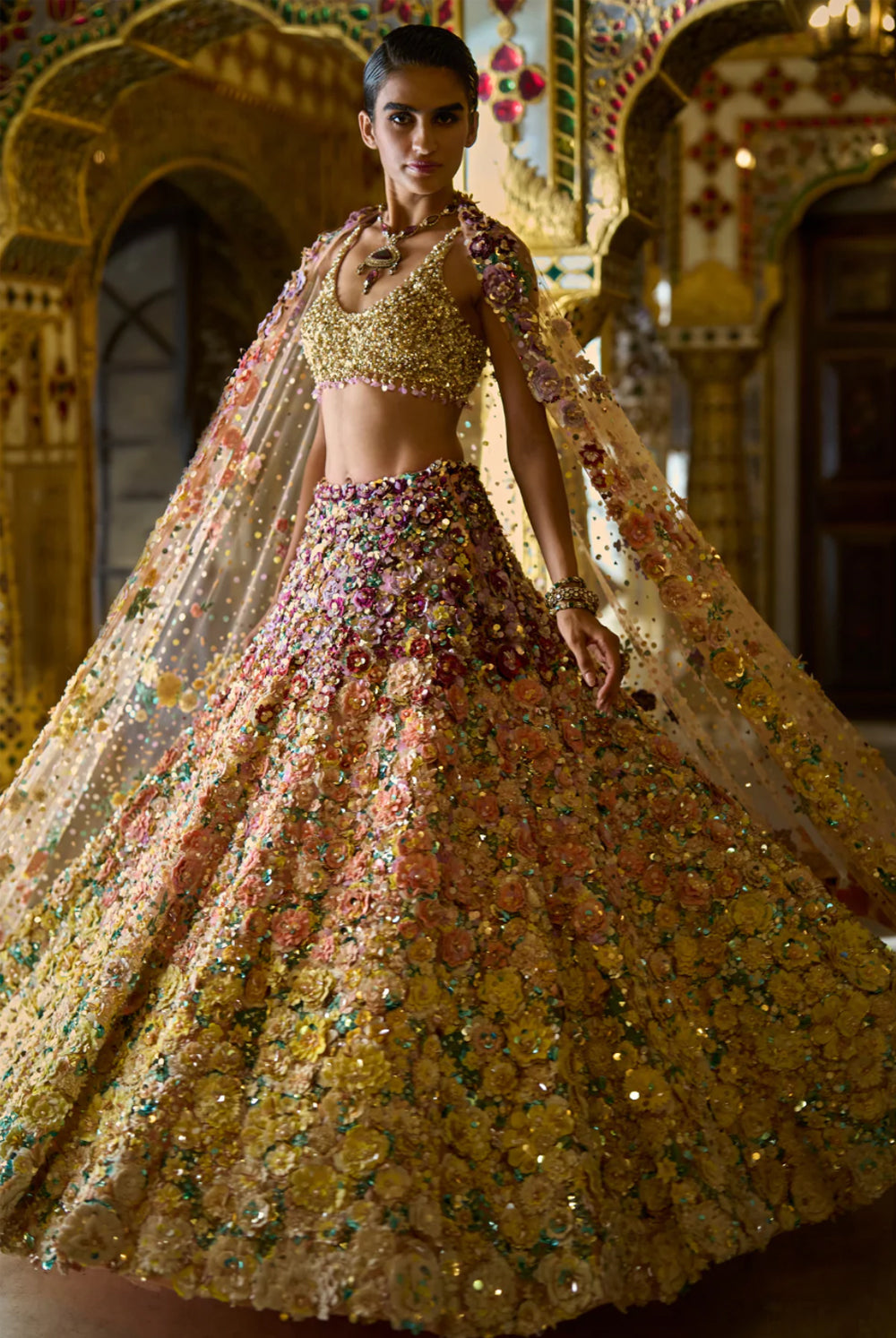 Ombre Multi-Coloured Three-Dimensional Floral Lehenga Set