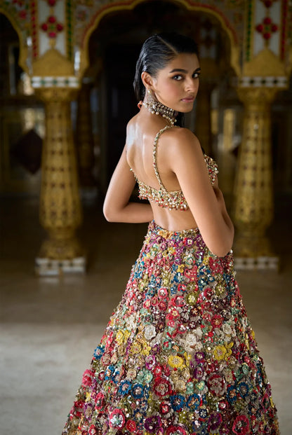 Multi-Coloured Three-Dimensional Floral Lehenga Set