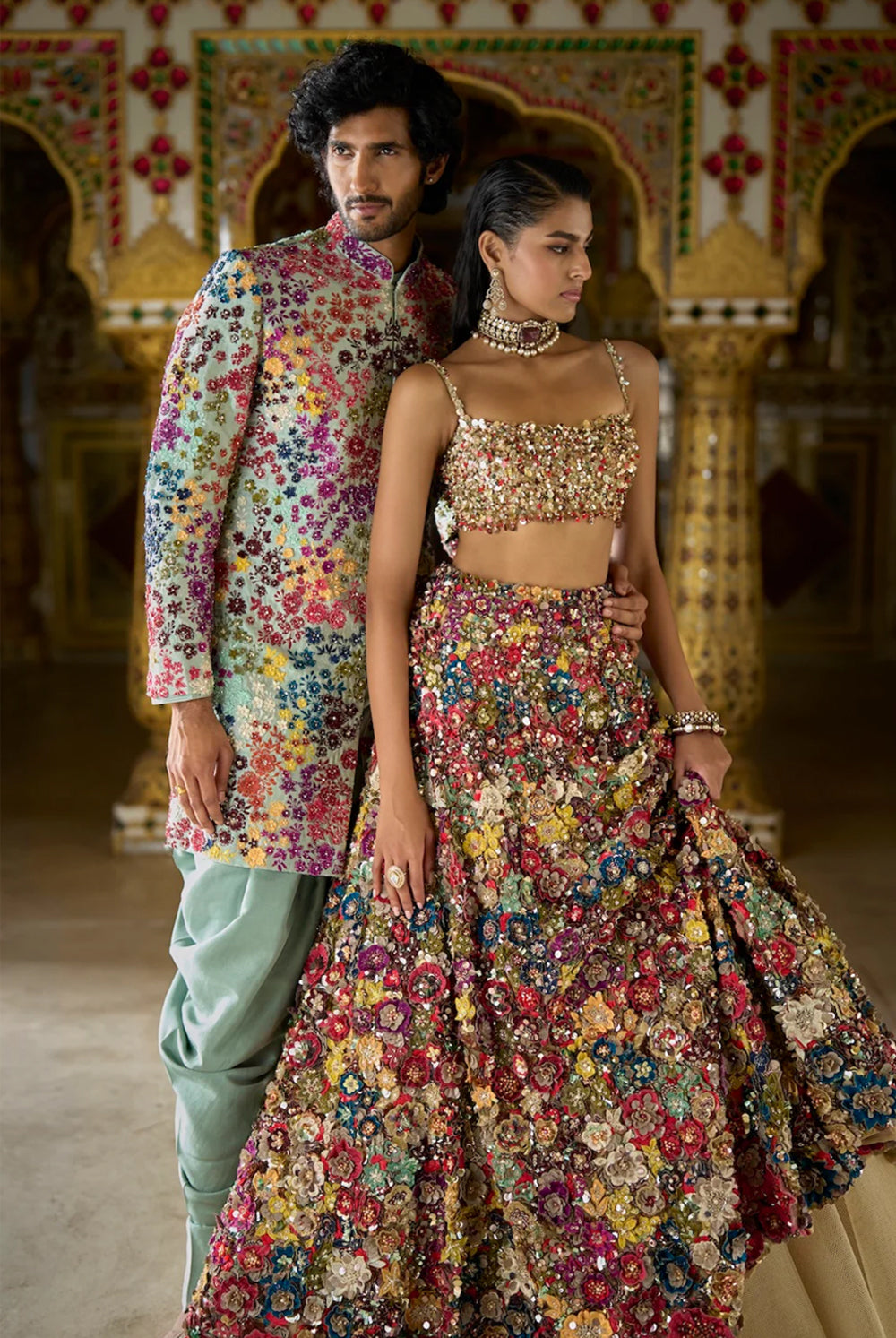 Multi-Coloured Three-Dimensional Floral Lehenga Set