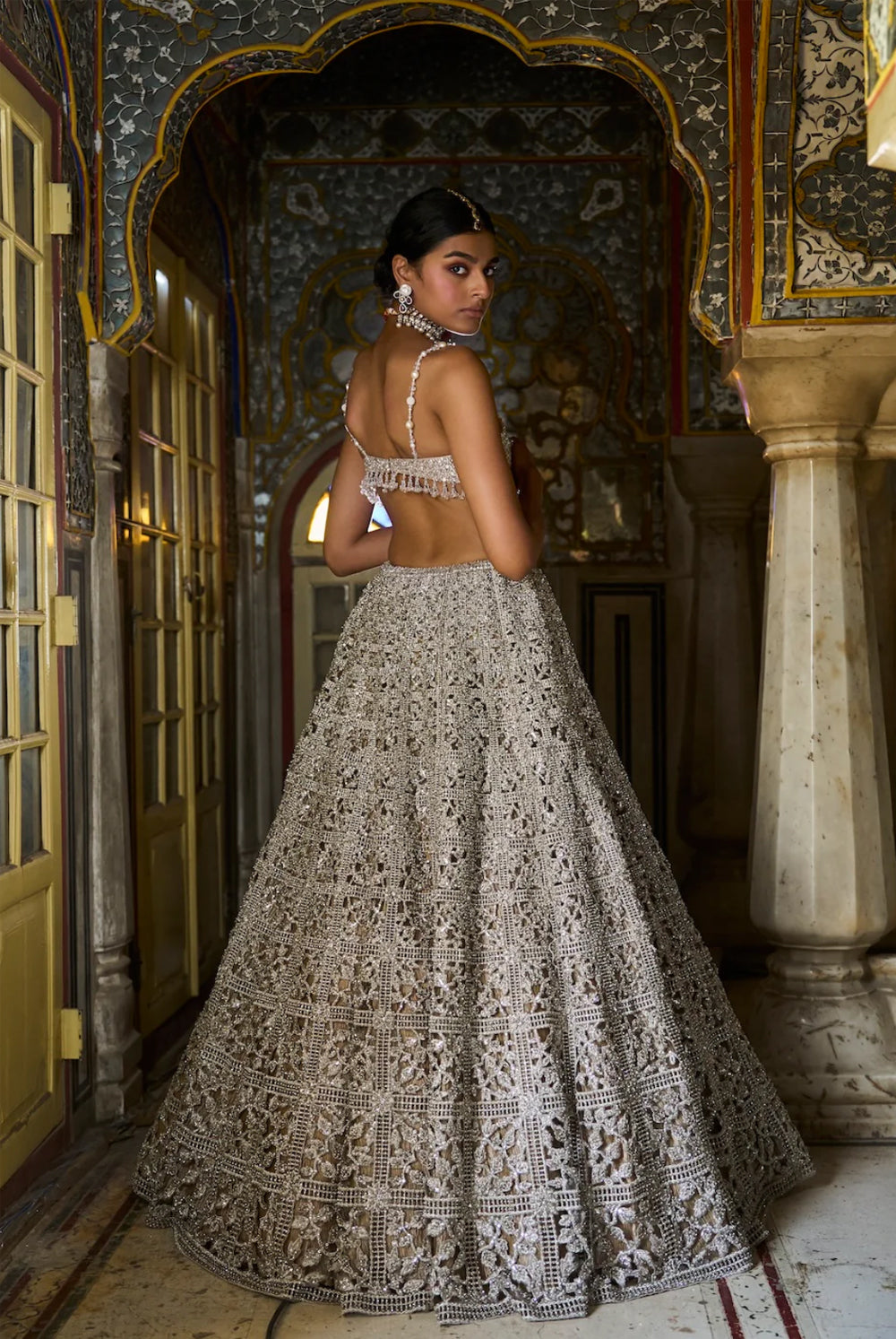 Silver Geometric Cut Work Lehenga