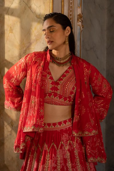 Eyana Cherry Red Floral lehenga