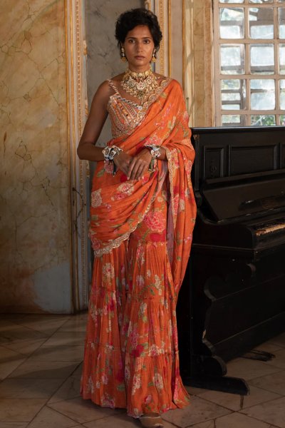 Inaara Orange floral sharara set