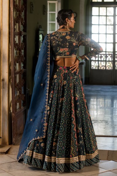 Khwaish navy Blue print lehenga set