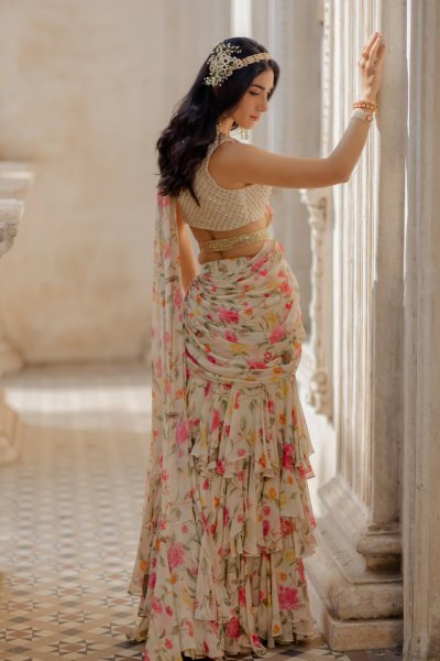 Three layered Pre draped printed Saree