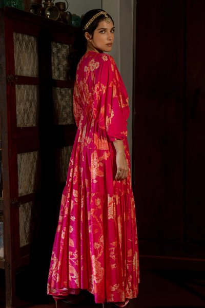 Pink and Orange Floral print Kaftan set