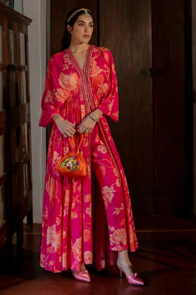 Pink and Orange Floral print Kaftan set