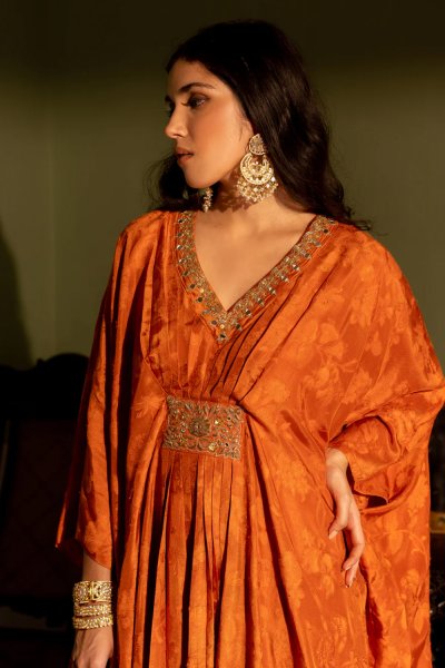 Burnt Orange self Woven Kaftan set