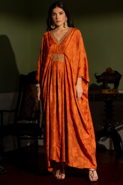 Burnt Orange self Woven Kaftan set