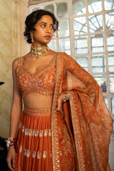 Rust embroidered Lehenga