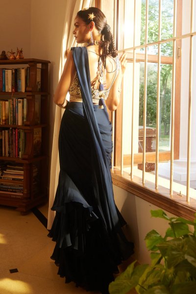 Navy Blue Layered Saree