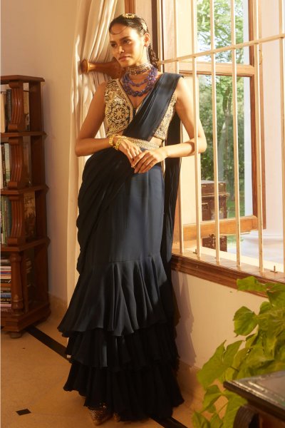 Navy Blue Layered Saree