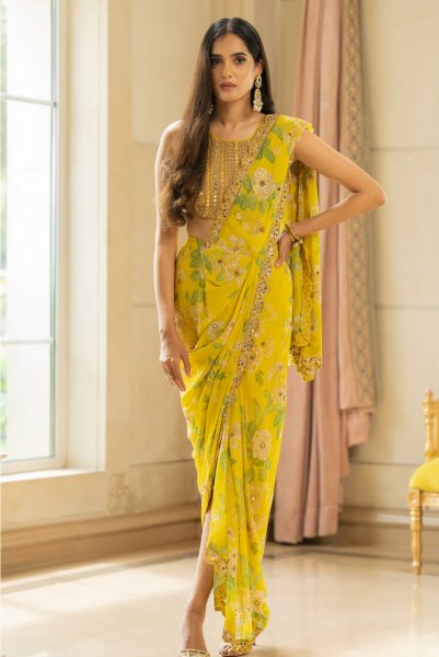 Lime yellow Dhoti Style Saree