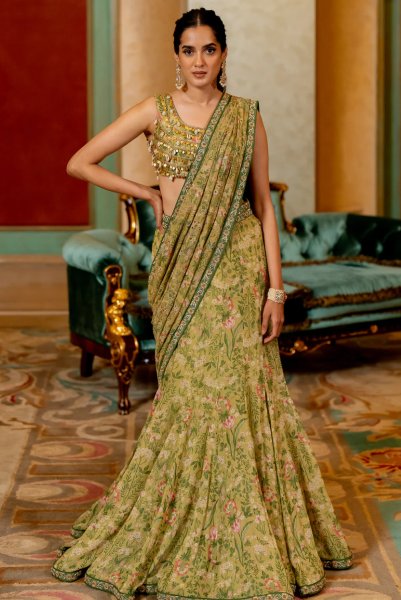 Sage Green Pre-draped saree