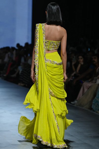 Lime yellow pre–draped saree