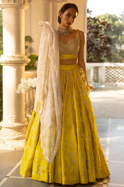 Self-Woven Jacquard Lehenga Set In Lime Yellow