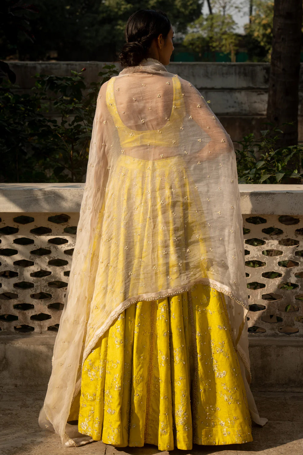 Self-Woven Jacquard Lehenga Set In Lime Yellow