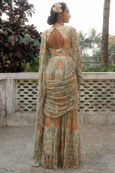 Yellow and Orange Pre draped Saree