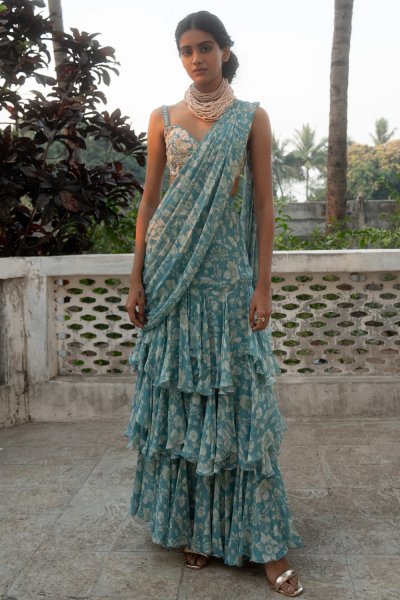 Blue Floral pre-draped Saree