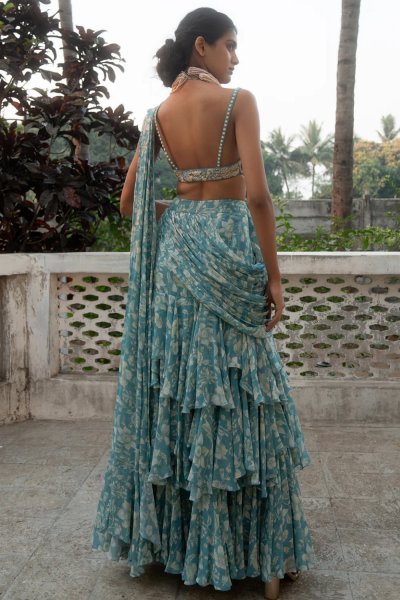 Blue Floral pre-draped Saree