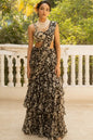 Black Vintage Floral printed Pre Draped Saree