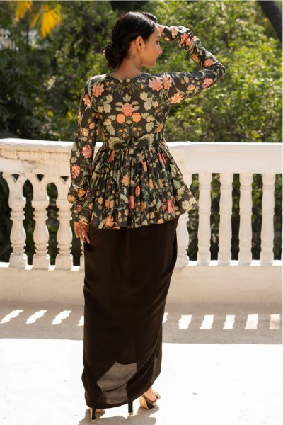 Floral Print Black peplum with Skirt