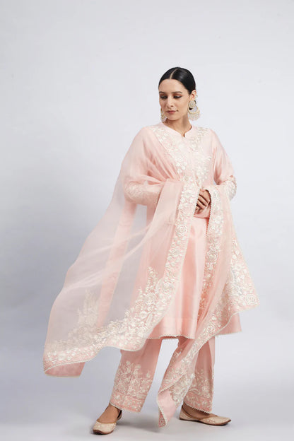 KAINA- SOFT PINK PURE CHANDERI SILK PARSI-GARA EMBROIDERED ENSEMBLE