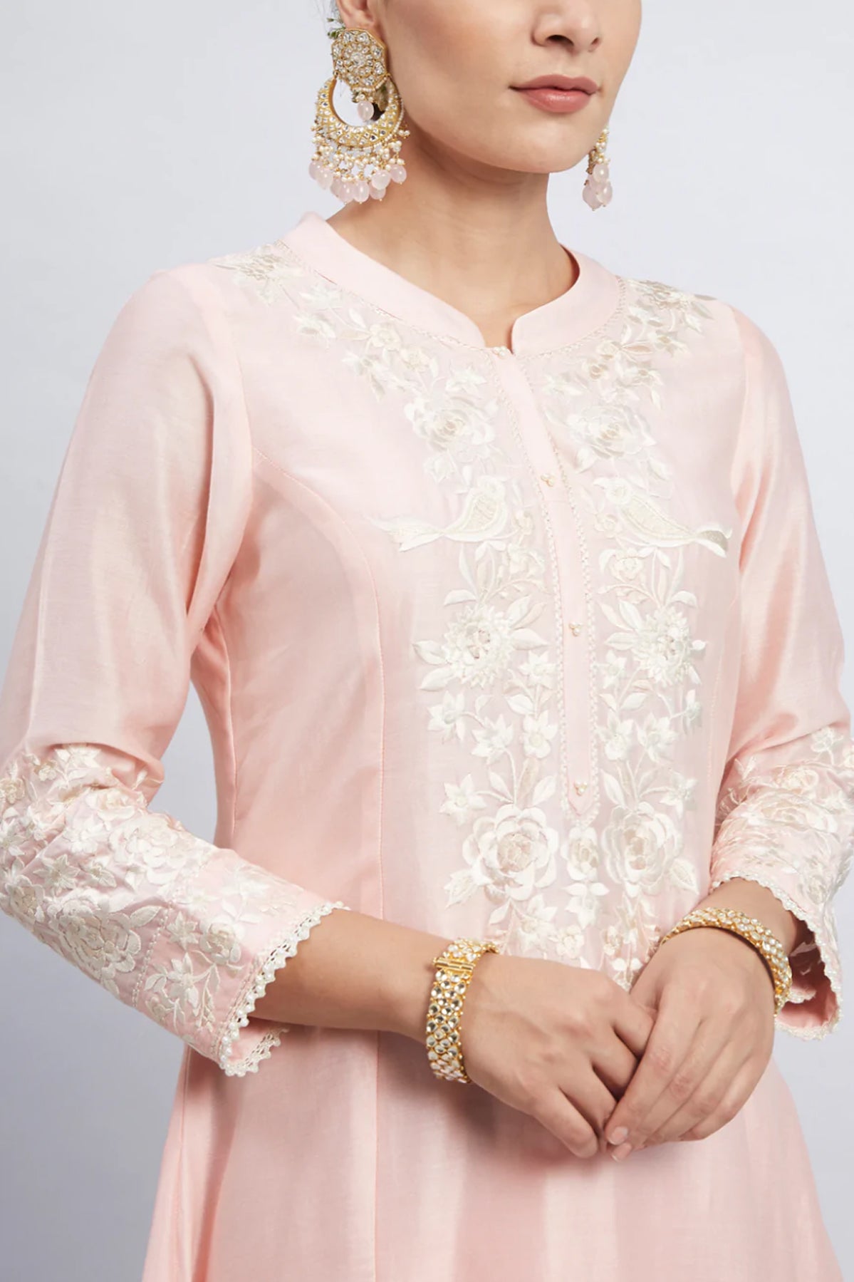 KAINA- SOFT PINK PURE CHANDERI SILK PARSI-GARA EMBROIDERED ENSEMBLE