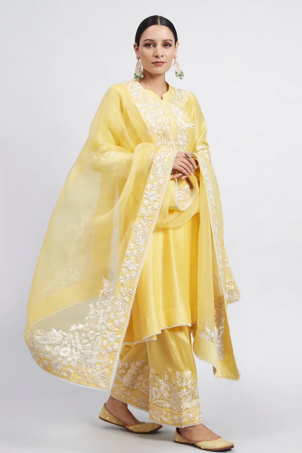 KAINA- DAFFODIL YELLOW PURE CHANDERI SILK EMBROIDERED ENSEMBLE