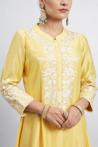 KAINA- DAFFODIL YELLOW PURE CHANDERI SILK EMBROIDERED ENSEMBLE