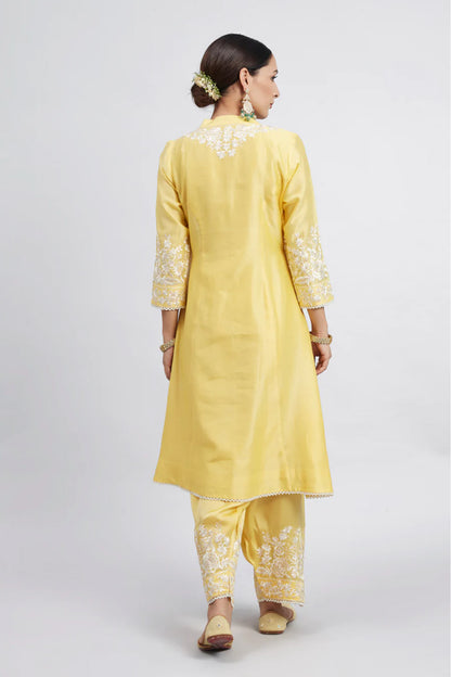 KAINA- DAFFODIL YELLOW PURE CHANDERI SILK EMBROIDERED ENSEMBLE