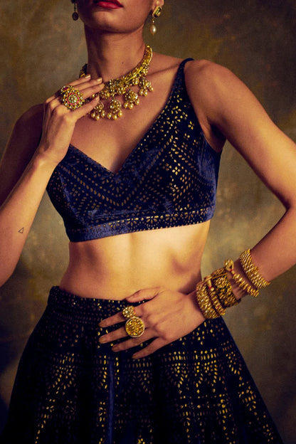 Navy Blue Velvet Lehenga Set