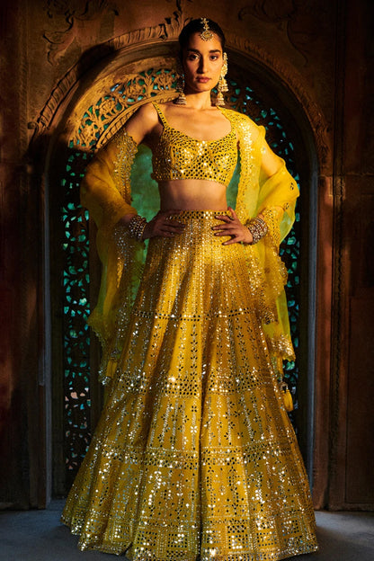 Sunflower Yellow Mirror Work Lehenga Set