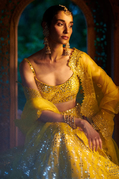 Sunflower Yellow Mirror Work Lehenga Set