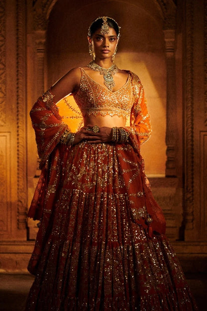 Rust Multi-Tiered Lehenga Set