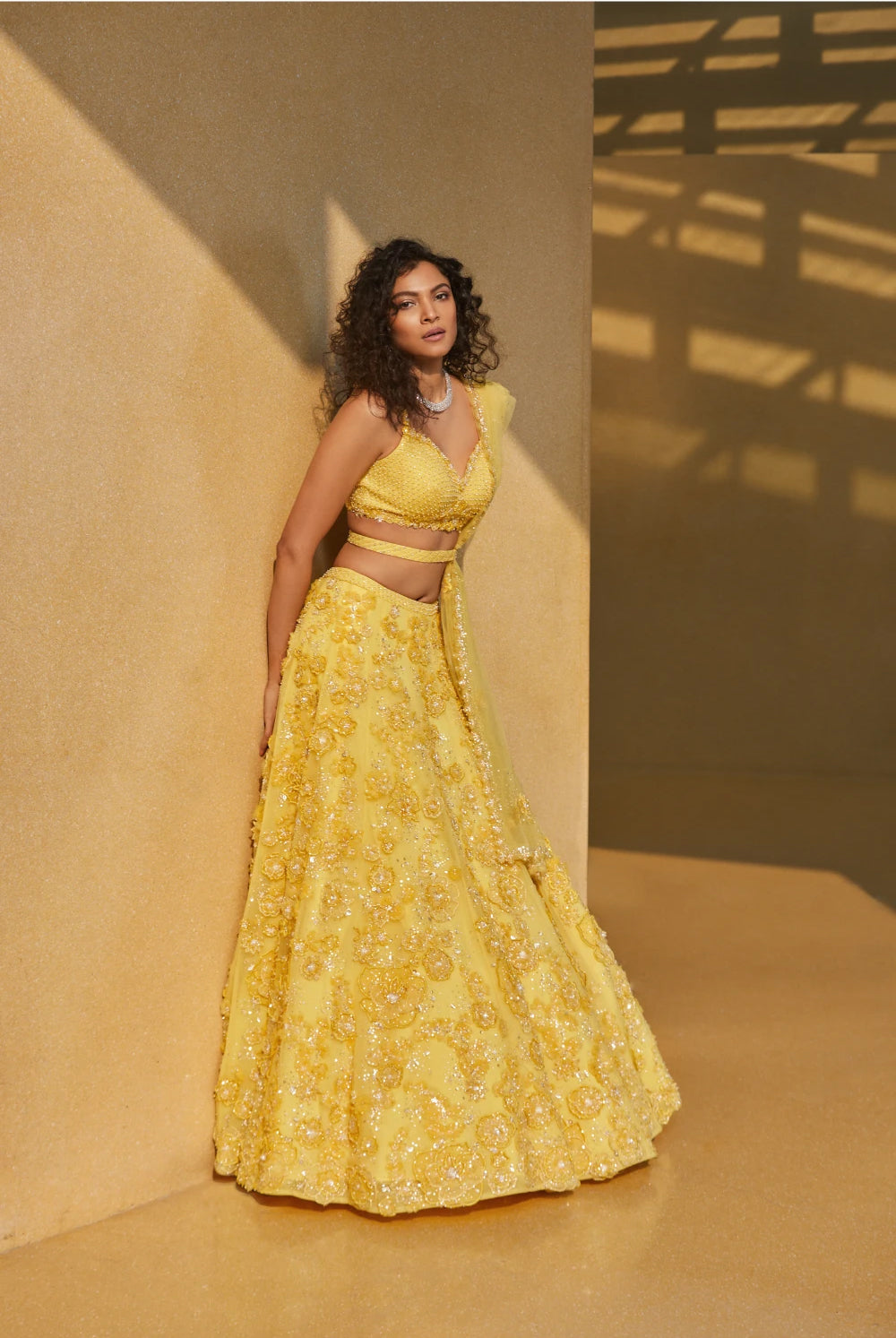 Three-Dimensional Yellow Floral Lehenga Set