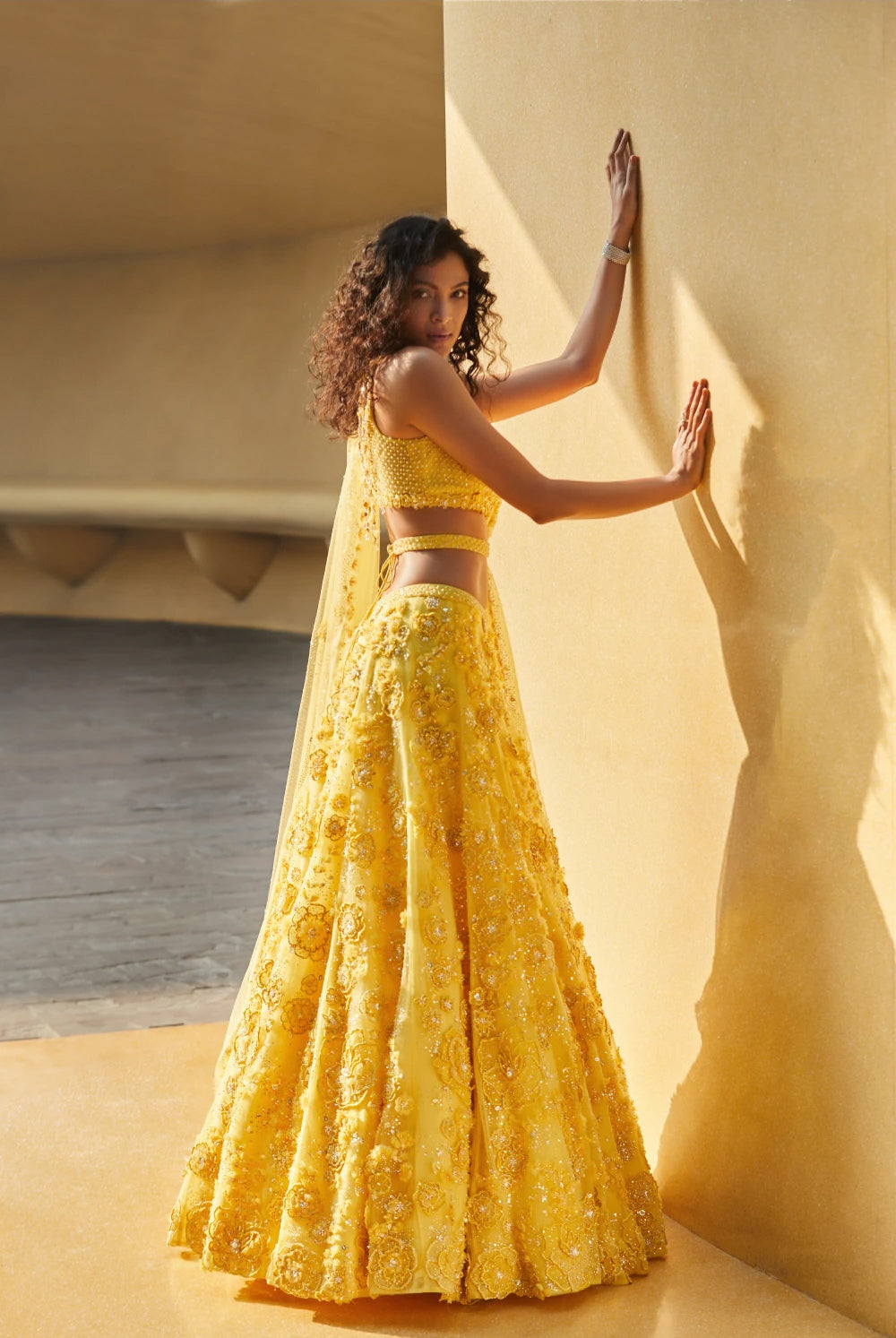 Three-Dimensional Yellow Floral Lehenga Set