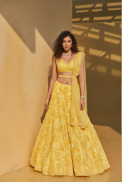 Three-Dimensional Yellow Floral Lehenga Set