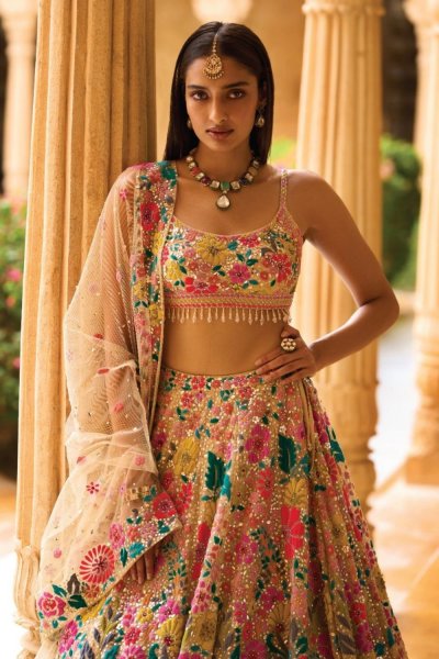 Multi - Coloured Floral Lehenga Set