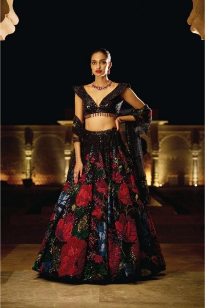 Black Multi-Coloured Lehenga Set