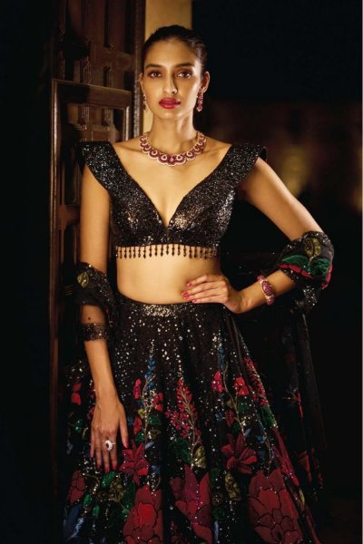 Black Multi-Coloured Lehenga Set