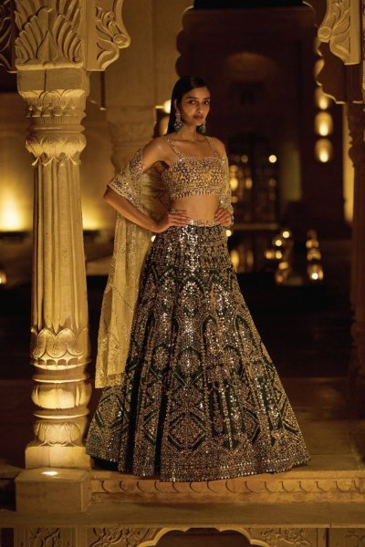 Bottle Green Mirror Work Lehenga Set