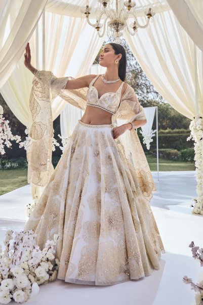 White Gold Floral Lehenga Set