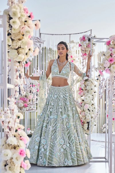 Tea Green Floral Sequin Lehenga Set