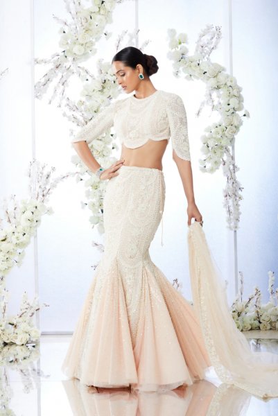 Powder Peach Fish Cut Lehenga Set